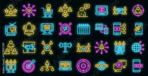 Remarketing icons set. Outline set of remarketing vector icons neon color on black