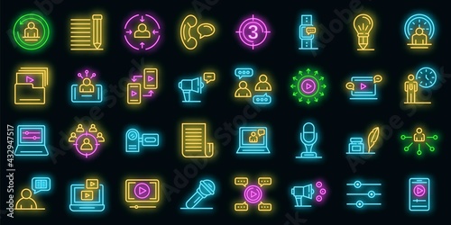 Storyteller icons set. Outline set of storyteller vector icons neon color on black