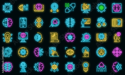 Machine learning icons set. Outline set of machine learning vector icons neon color on black
