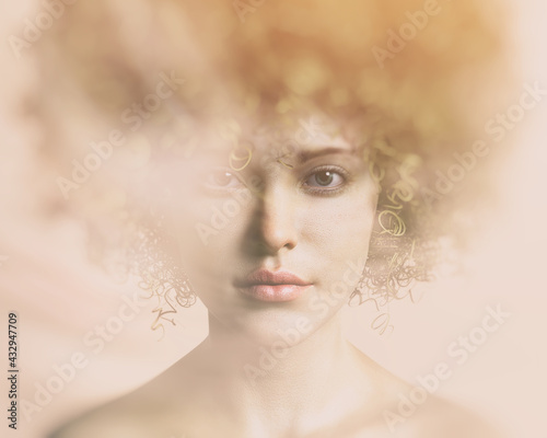 A portrait of a young woman with curly afro hair in a bokeh - 3d rendering