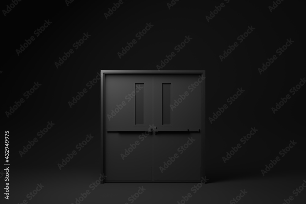 Closed Black Door on Black background. minimal concept idea creative. monochrome. 3D render. Closed Black Door on Black background. minimal concept idea creative. monochrome. 3D render.