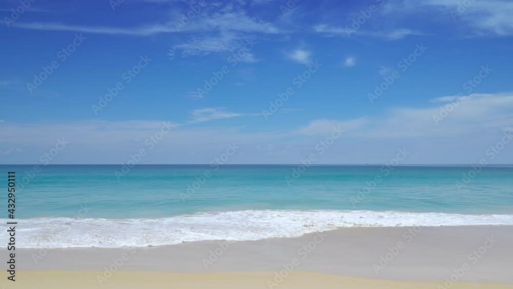 Phuket beach sea sand and sky. Professional video Landscape view of beach sea in summer day. Beach space area. At Karon Beach, Phuket, Thailand. On 01 May 2021. 4K UHD. Video Clip Phuket beach sea sand and sky. Professional video Landscape view of beach sea in summer day. Beach space area. At Karon Beach, Phuket, Thailand. On 01 May 2021. 4K UHD. Video Clip