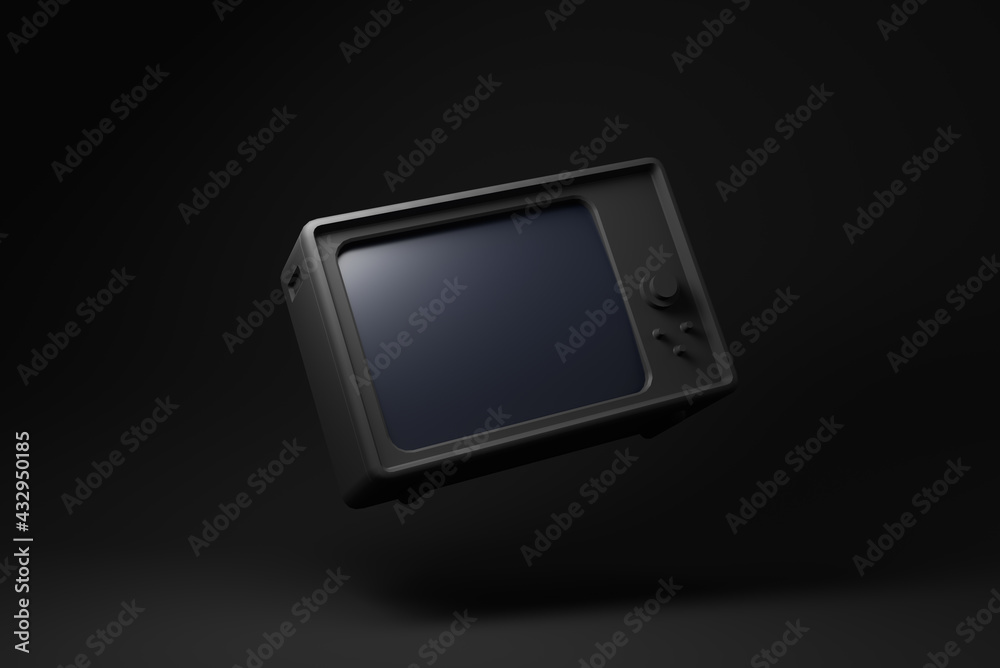black retro old tv floating on black background. minimal concept idea. 3D render. black retro old tv floating on black background. minimal concept idea. 3D render.