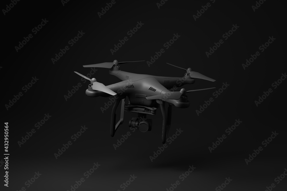 Black drone quadcopter with digital camera floating on black background.  minimal concept idea. monochrome. 3d render. Illustration Stock | Adobe  Stock