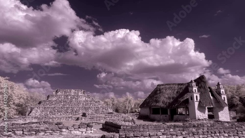 Infrared, wide angle time lapse of Xcambo, Mayan ruins in Telchac, Yucatan, Mexico. photo