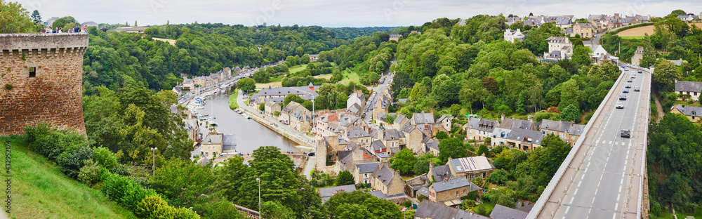Panoramic view of the Port of Dinan and the Rance river from the Promenade of Duchesse Anne at the Jardin Anglais