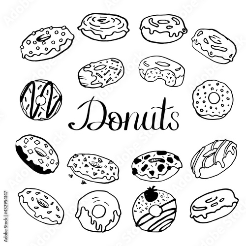 Donuts collection. Doodle vector illustration set of objects black and white on white background