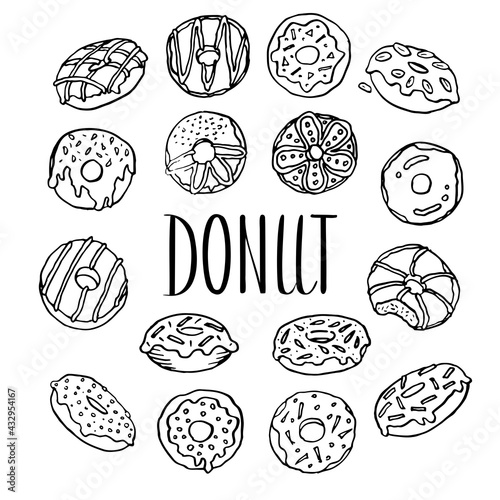 Donuts collection. Doodle vector illustration set of objects black and white on white background