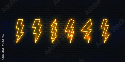 Neon lightning bolt set. Six high-voltage thunderbolt neon symbols. Thunder and electricity sign. Banner design, bright advertising signboard elements. Vector illustration. Electric discharge.