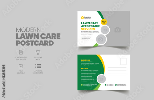 Lawn Mower Garden or Landscaping Service Postcard Template. Eddm Postcard Design, Event Card Design, Direct Mail Template, Invitation Design. leaflet, grass, equipment, gardener