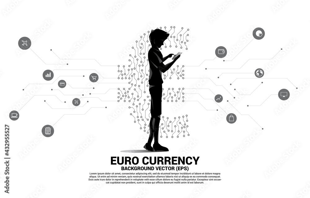 man with mobile phone and euro currency money icon from circuit board style dot connect line. Concept for europe financial network connection.