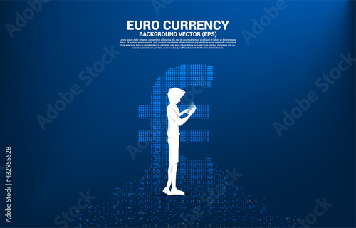 Vector silhouette man use mobile phone with money euro currency icon from pixel transform. Concept for digital financial network connection.