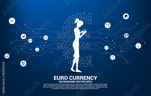 woman with mobile phone and euro currency money icon from circuit board style dot connect line. Concept for europe financial network connection.