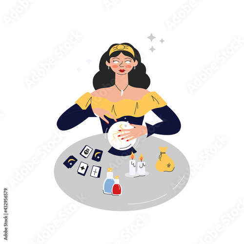 Gypsy fortune teller with crystal ball, tarot cards, jars with potions, candles and pouch. Pretty mystic woman oracle seeing and predicting future. Vector trendy flat cartoon illustration isolated