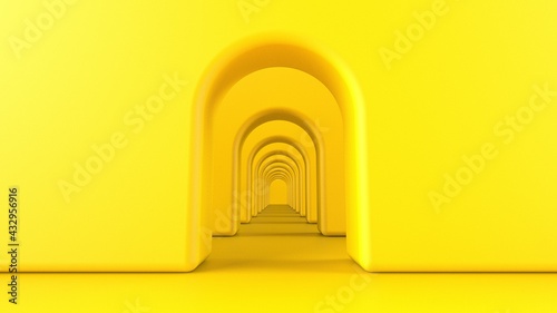 Yellow arch hallway corridor abstract background minimal conceptual 3D rendering. 3Dillustration. 3D CG.