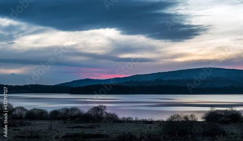 Beautiful SVlasina lake Blue Hour Sunset, long exposure. Semi-artificial lake in Southeast Serbia