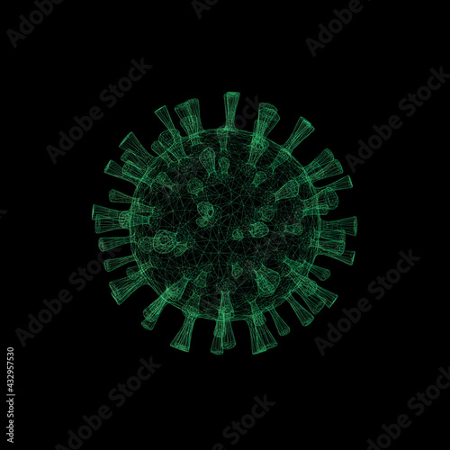 3d wireframe of new coronavirus infection on black background. Dangerous green coronavirus grid