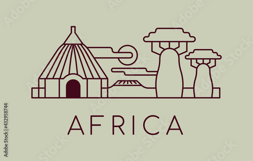 Africa landscape black and white outline cartoon