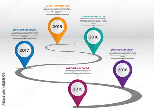 Timeline info graphic 5 milestone like a road. business concept infographic template. Vector Infographic Company Milestones Timeline Template with pointers on a curved road line. Yearly infographic.