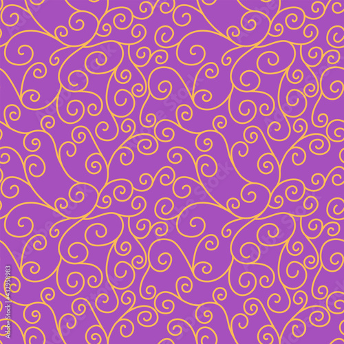 Feminine decorative seamless pattern. Abstract elegant yellow spiral swirls on purple background. Fantasy floral tendril texture. Rounded curls print. Simple graphic, surface, fabric, textile design.