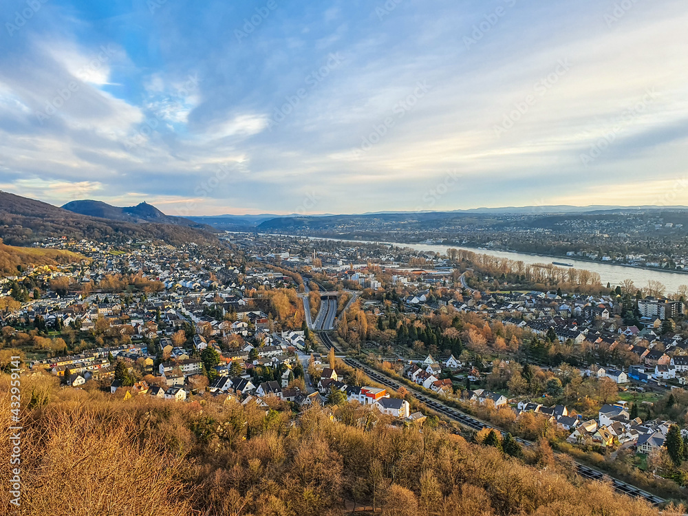 View over Bonn and the Siebengebirge with the famous Drachenfels.