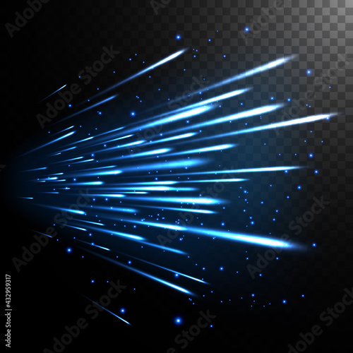 Abstract light speed motion effect, blue light trail. Vector Illustration