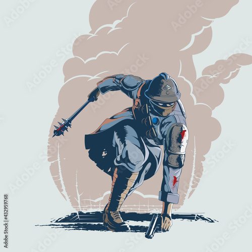 French World War I trench soldier vector with Adrian helmet trench club and pistol for historical military or gaming branding