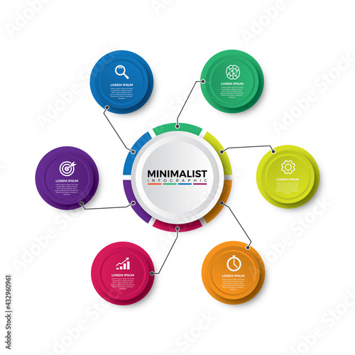 Info graph 6 element with centre circle. graphic chart diagram, business timeline graphic design in bright rainbow color with icons