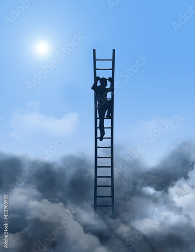 An overachiever, a man, climbs a ladder through dark storm clouds to find sunshine and blue skys above the storm. This is a 3-D illustration. photo