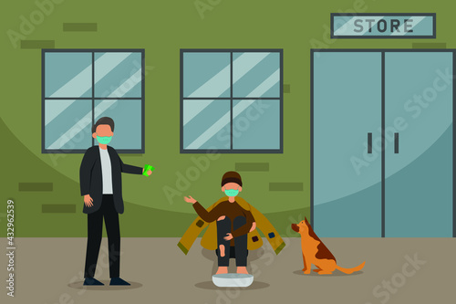 Homeless vector concept. Beggar asking money on male pedestrian with his dog in front of a store