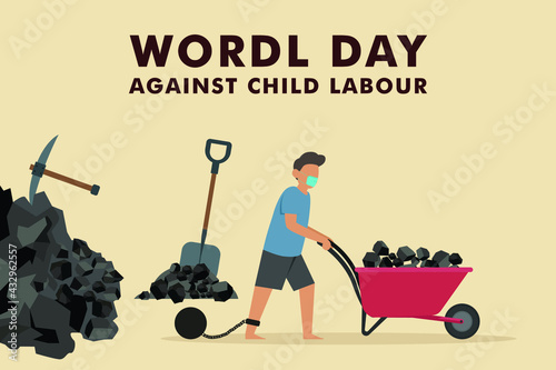 World day against child labor vector concept. Boy in face mask working to mine rocks with tied feet