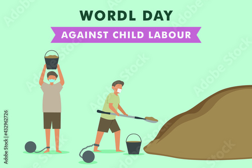 World day against child labor vector concept. Kids wearing face mask while mining sand with tied feet