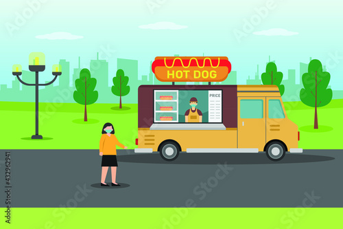 Food truck vector concept. Salesman selling hot dog on his food truck at the park