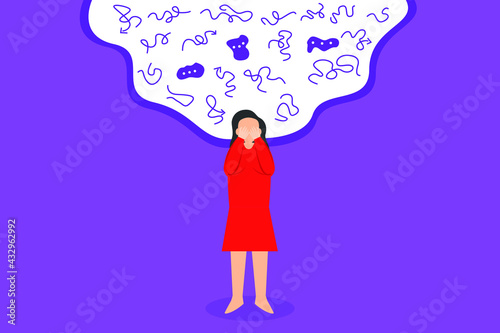 Mental illness vector concept: Stress woman covering her face with hand while standing with doodle over her head