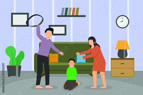 Child abuse vector concept: Young father hitting his son with his belt while mother help him