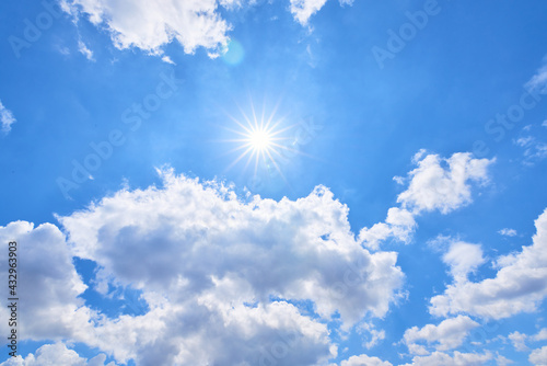 White clouds and the sun in the blue sky