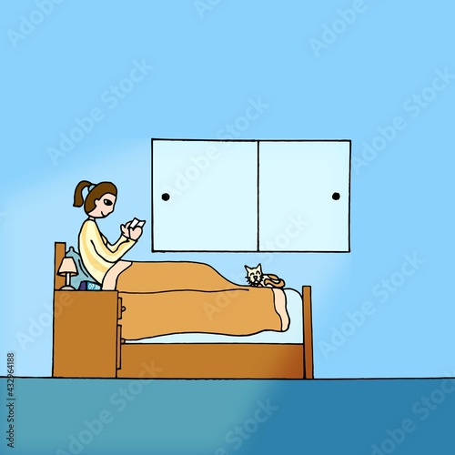 Personaje leyendo contenta en la habitación. 