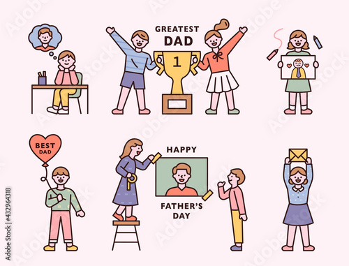 Father's Day. Children are rewarding and giving love to the best dad. flat design style minimal vector illustration.