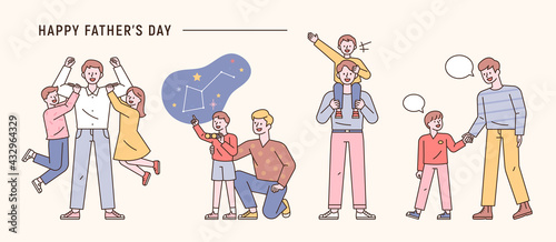 Dads having a good time with their children. flat design style minimal vector illustration.