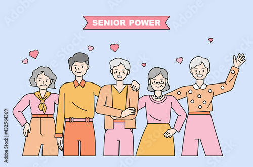 Older friends are standing and waving. flat design style minimal vector illustration.