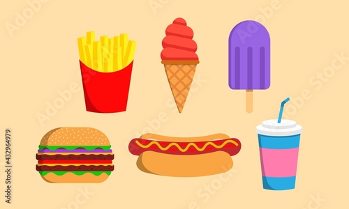 Ilustraciones de comida rápida. Papas fritas. Helado. Hamburguesa.