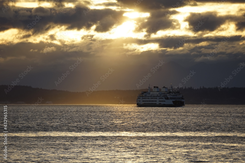 ferry in golden sunlight 