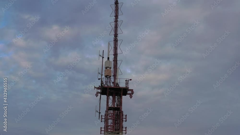 Telecommunication tower of 4G and 5G cellular. Base Station or Base Transceiver Station. Wireless Communication Antenna Transmitter. Telecommunication tower with antennas against sunset. Telecommunication tower of 4G and 5G cellular. Base Station or Base Transceiver Station. Wireless Communication Antenna Transmitter. Telecommunication tower with antennas against sunset.