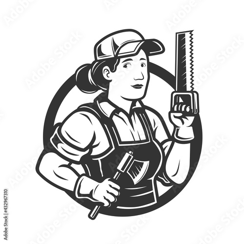  woman lumberjack mascot hold the axe and saw	