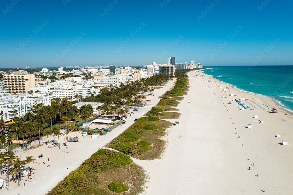 Aerial drone view of Miami Beach over the Art Deco districts in South Beach