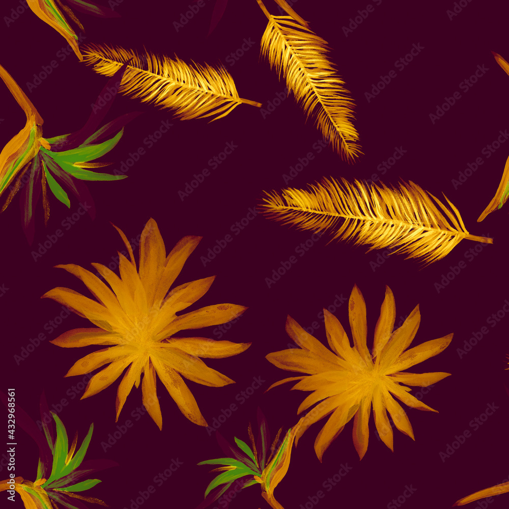 Violet Seamless Design. Autumn Pattern Design. Yellow Tropical Texture. Beige Floral Palm. Indigo Flower Plant. Cobalt Decoration Design. Flora Exotic.