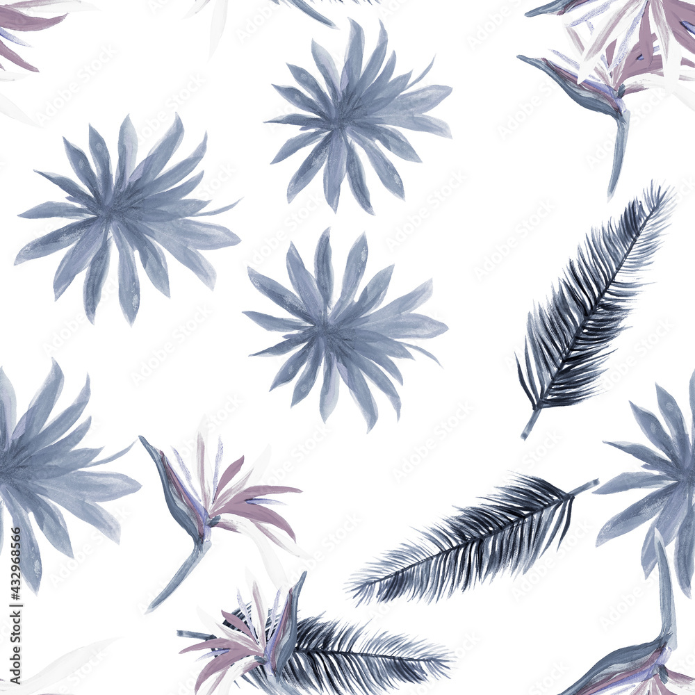 Gray Pattern Botanical. White Seamless Art. Tropical Leaf. Watercolor Exotic. Spring Illustration. Decoration Illustration. Drawing Design. Wallpaper Textile.