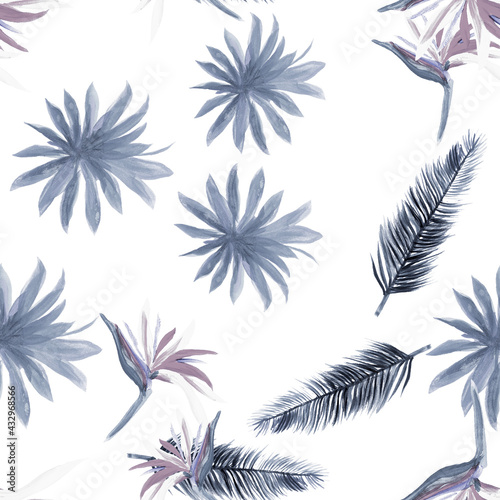 Gray Pattern Botanical. White Seamless Art. Tropical Leaf. Watercolor Exotic. Spring Illustration. Decoration Illustration. Drawing Design. Wallpaper Textile. © Surendra