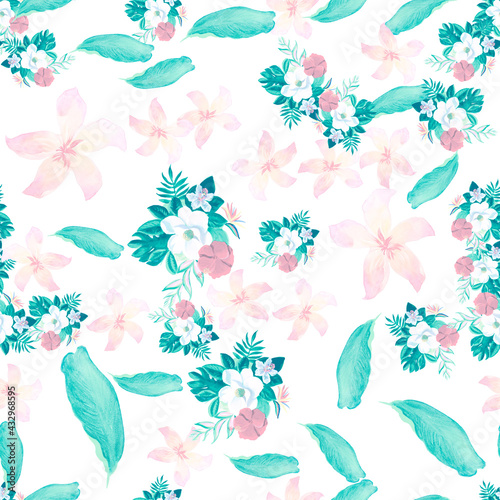 Navy Seamless Leaves. Indigo Pattern Art. Blue Tropical Plant. Azure Flower Botanical. Cobalt Spring Leaves. White Wallpaper Design. Decoration Illustration.