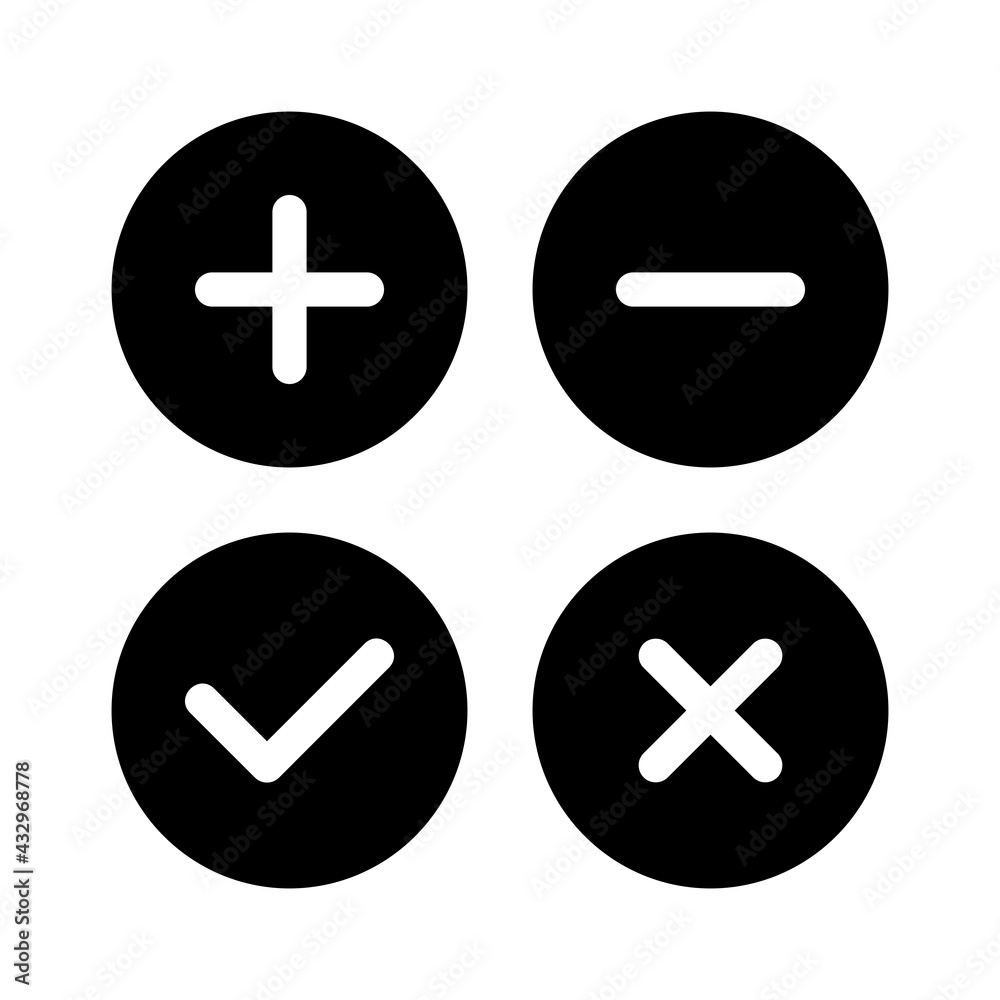 plus icon, minus icon, check mark icon, and cross icon vector sign symbol plus icon, minus icon, check mark icon, and cross icon vector sign symbol